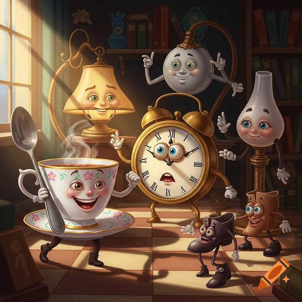 Whimsical cartoon illustration of personified household objects like a teacup, lamp, clock, lightbulb, and shoes with happy faces and limbs.
