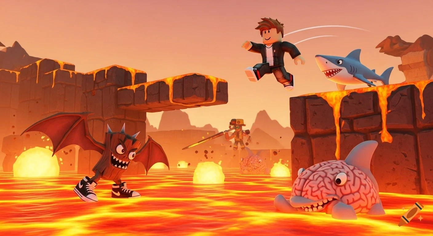 A Roblox player jumps over lava pillars, avoiding a winged log monster and a brain-shark in a cartoonish volcanic landscape.