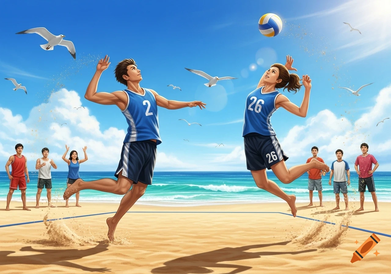 Two people jump to hit a volleyball on a sunny beach, with other players and seagulls, in a vibrant illustrated style.