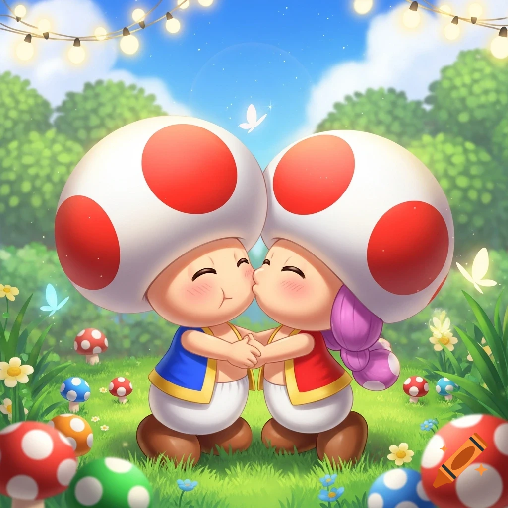 Toad and Toadette from Mario kissing affectionately in a sunny, whimsical field with glowing fairy lights and colorful mushrooms.