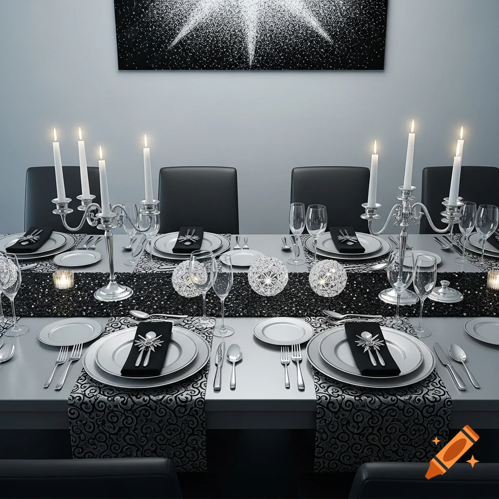 Elegant New Year's Eve table set with silver and black decor, ornate candelabras with lit candles, and sparkling table runners.