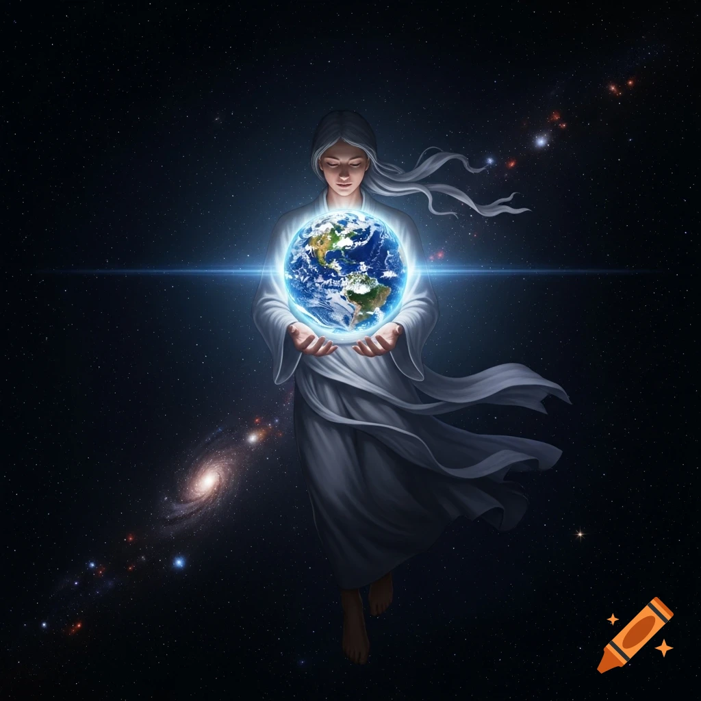 A serene, robed figure floats in deep space, gently holding a glowing Earth between their hands, surrounded by stars and galaxies.