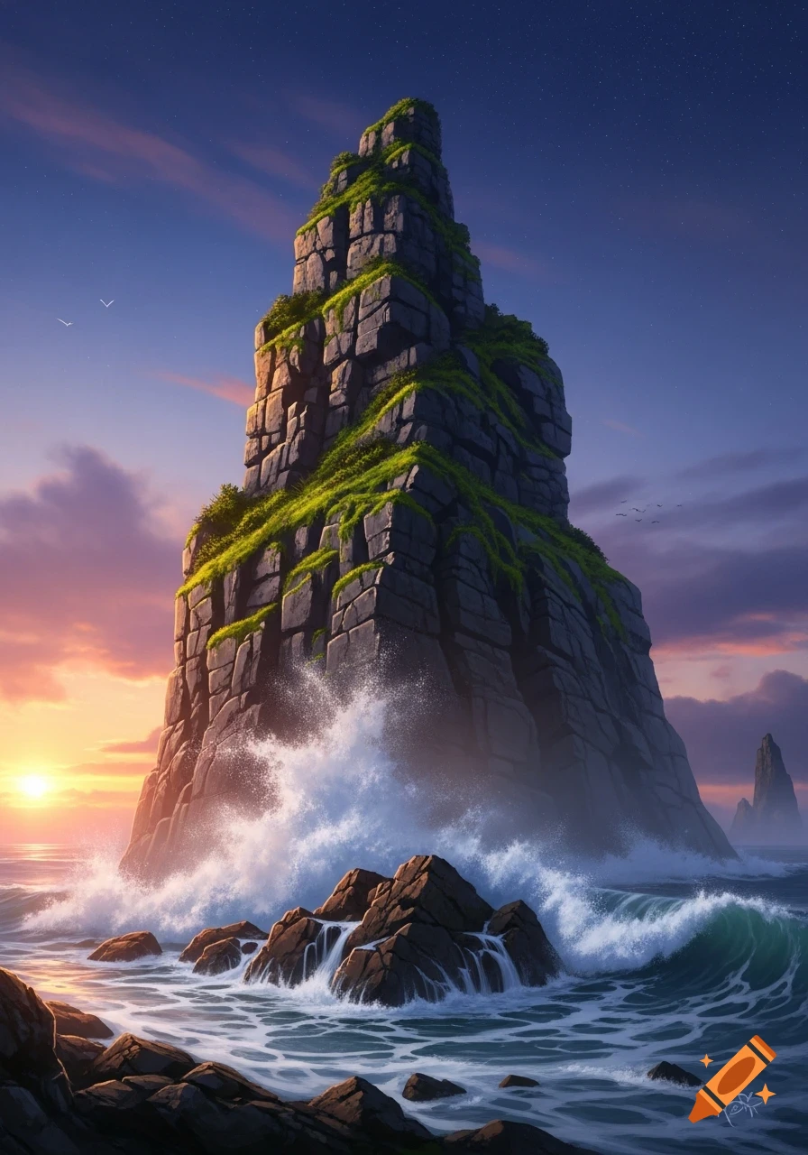 A dramatic, tall rock formation covered in green moss stands in the ocean as waves crash around its base during a colorful sunset.