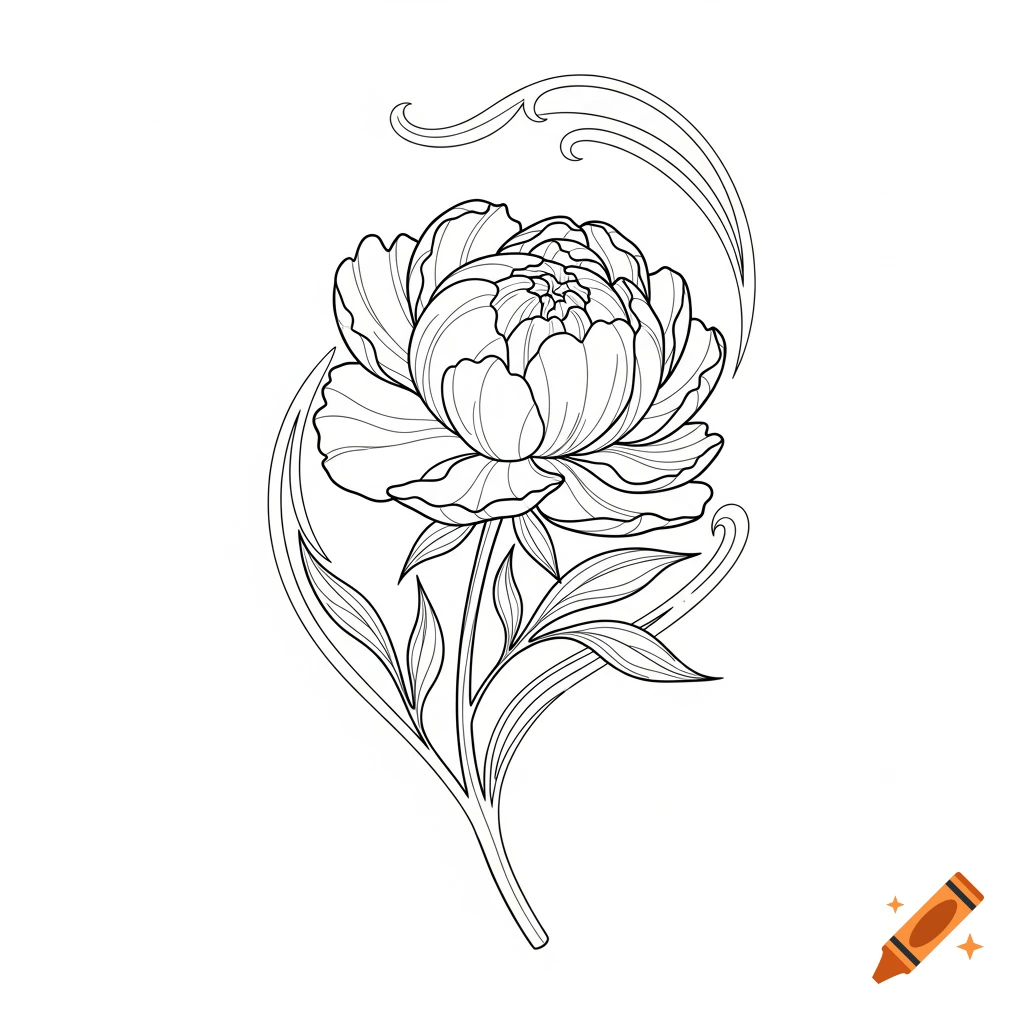 A minimalist black and white line drawing of a peony flower in Art Nouveau style.