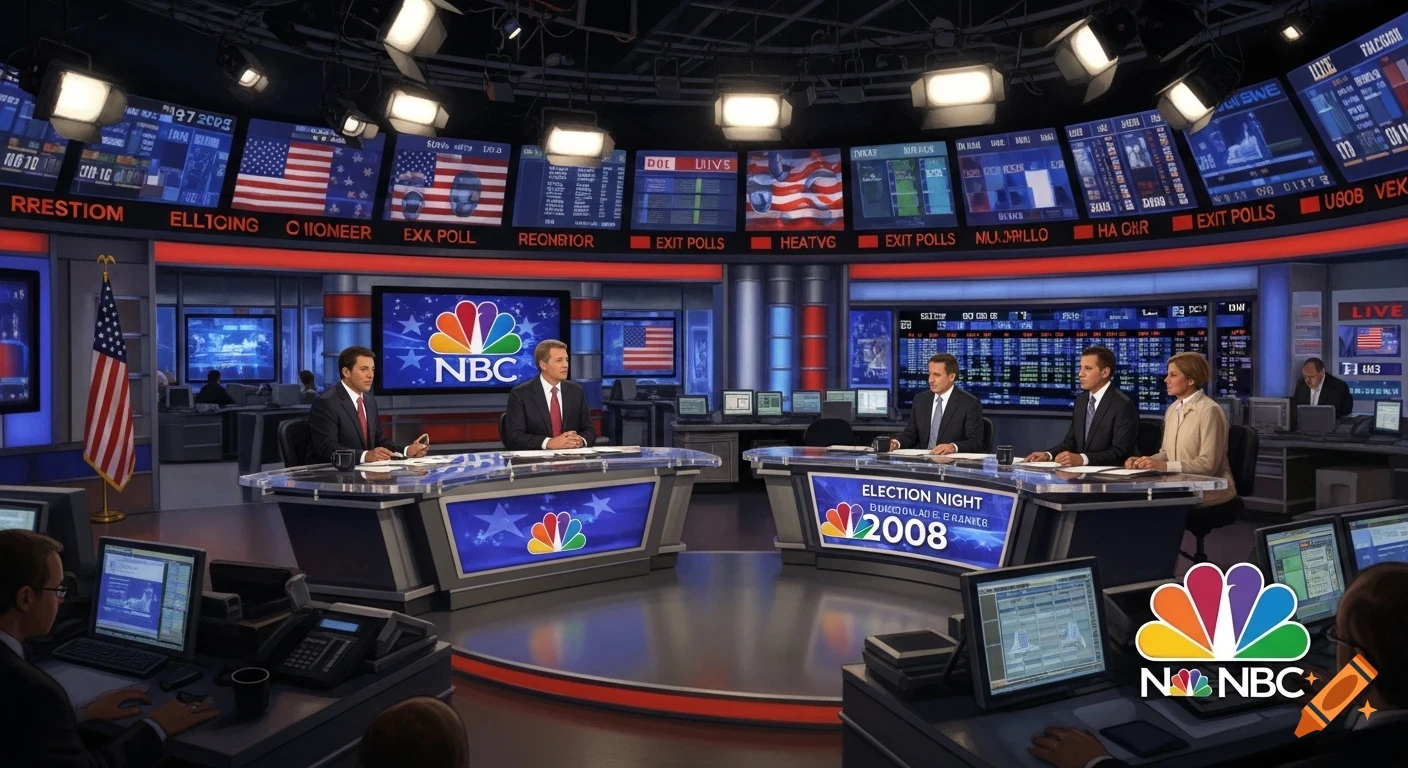 A busy NBC news studio during 2008 election night coverage, with anchors at desks, large screens displaying American flags and data, and crew in the background.