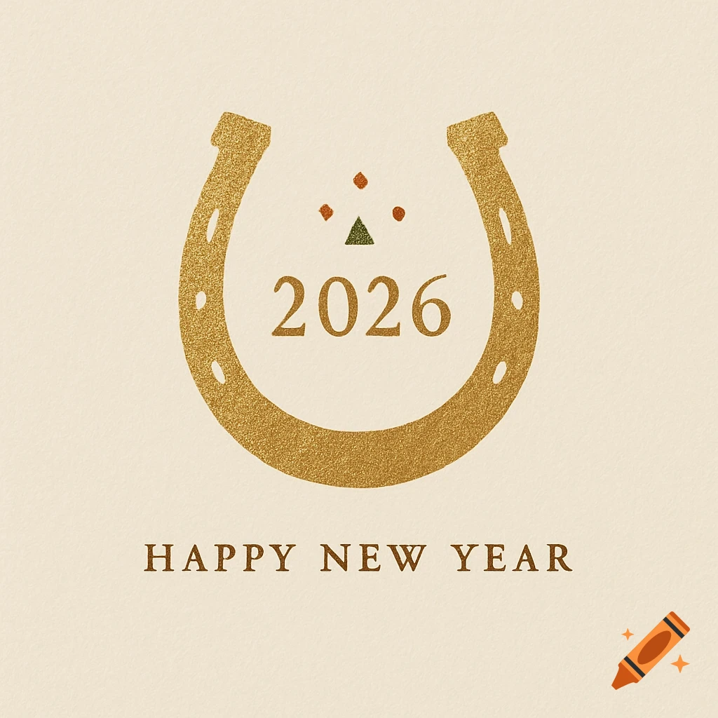 A minimalist New Year's card design featuring a textured gold horseshoe, with "2026" and "HAPPY NEW YEAR" text on a cream background.