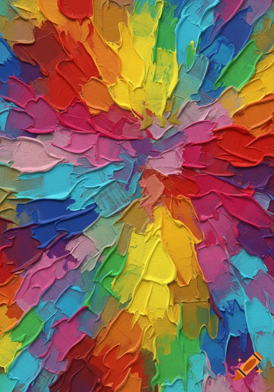 Abstract painting featuring thick, vibrant, impasto brushstrokes in a spectrum of rainbow colors creating a radial pattern.