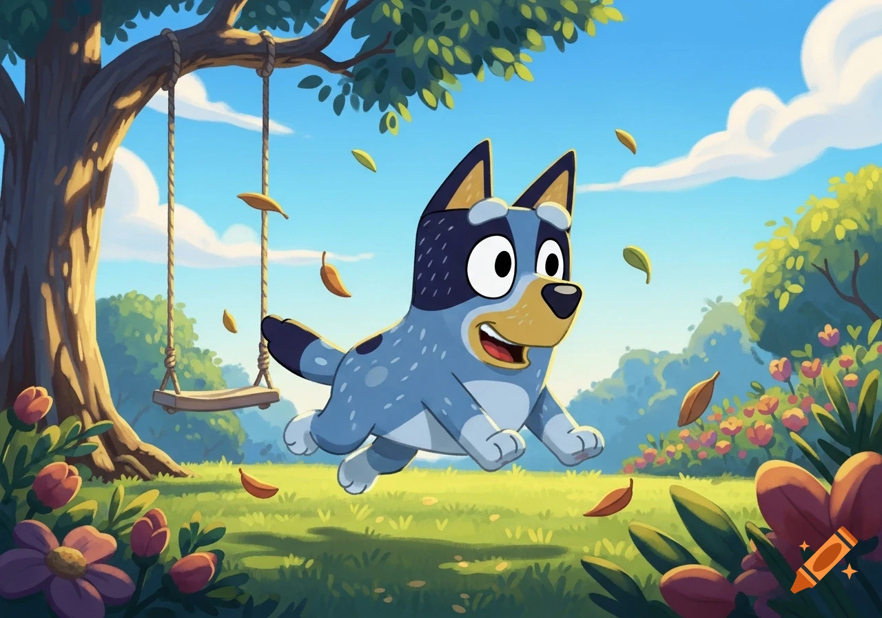 A happy blue cartoon dog, resembling Bluey, jumps through a sunny park with a tree swing, green grass, and falling leaves.