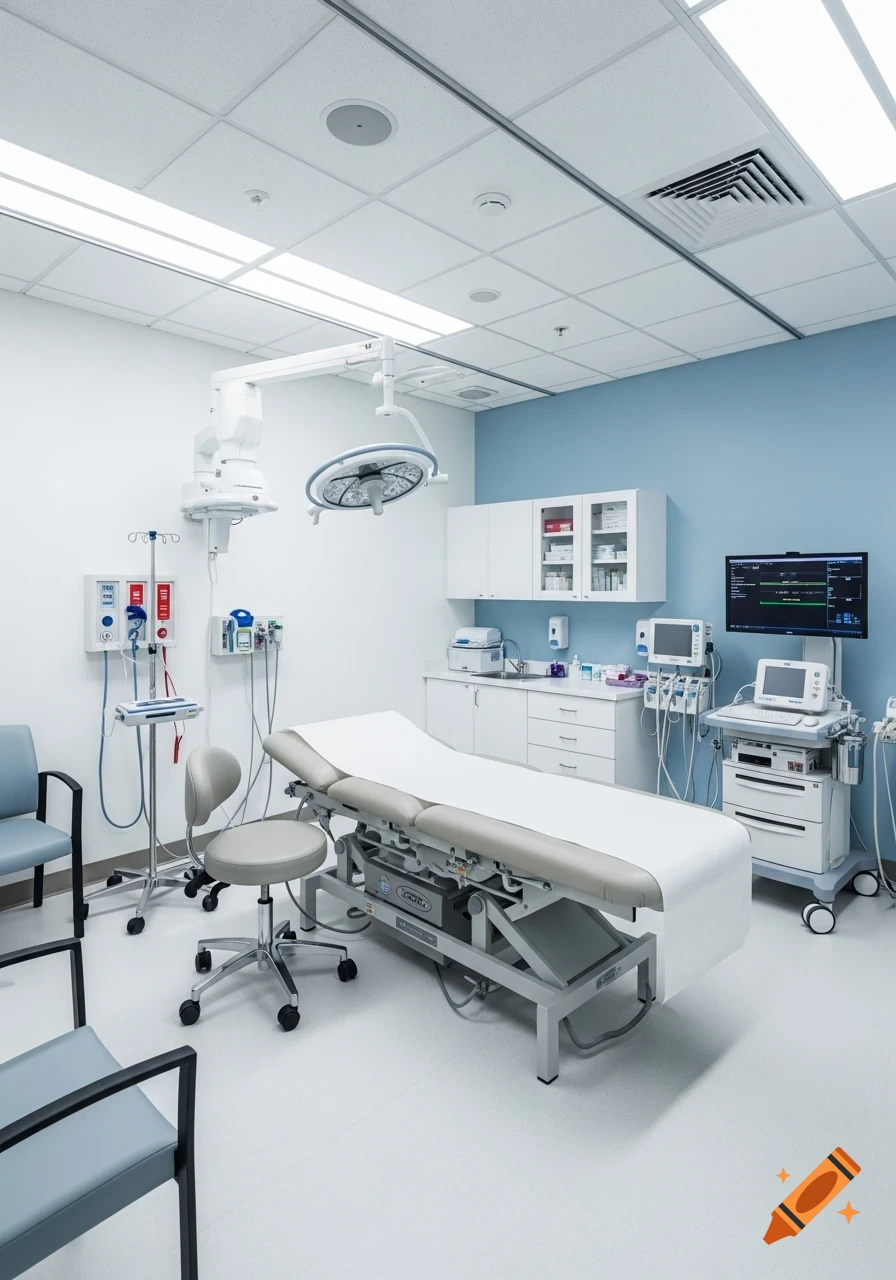 A modern, well-lit medical examination or treatment room with a white examination bed, various medical equipment, and blue and white walls.