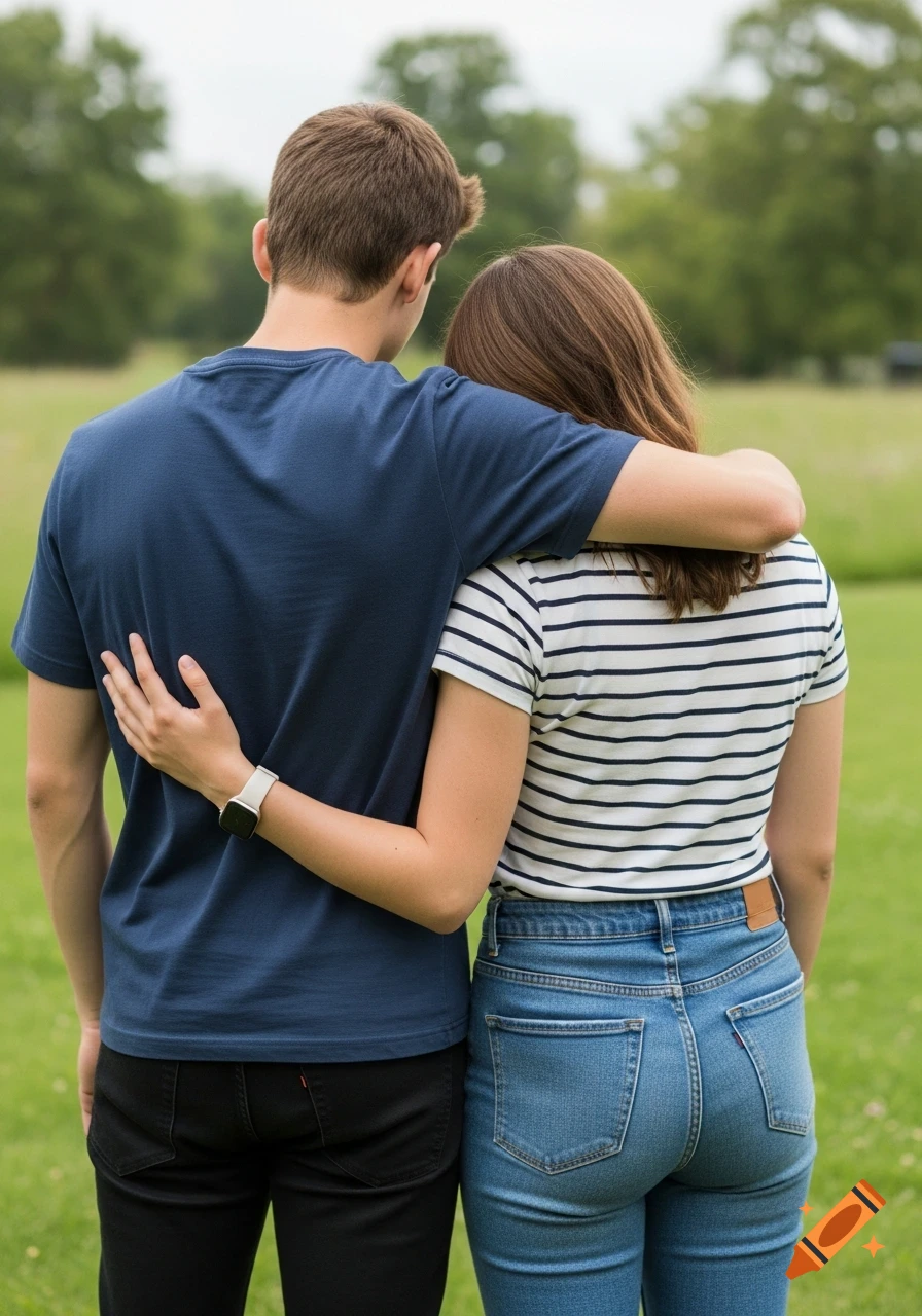 A young man and woman stand embracing from behind in a grassy park, the man in a navy t-shirt and the woman in a striped t-shirt and jeans.