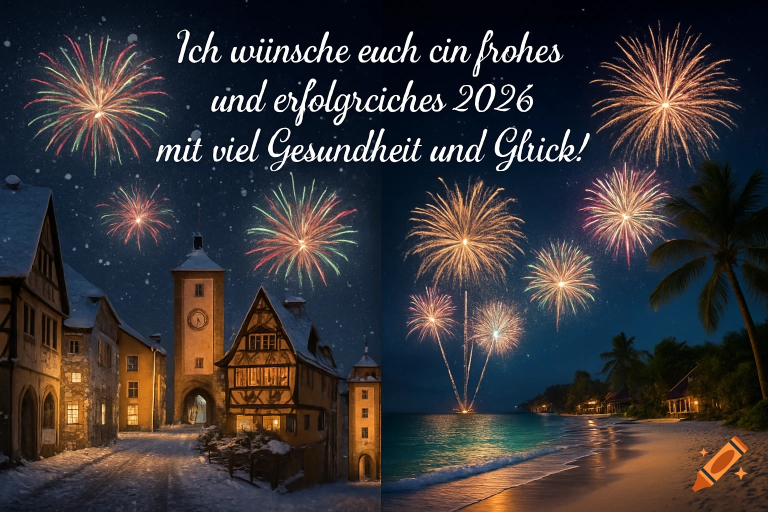 A split image showing a snowy German town and a tropical beach with fireworks, featuring a New Year's greeting.