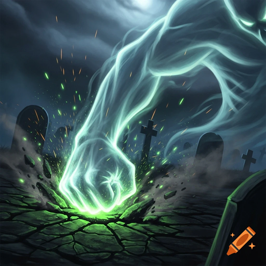 A ghostly, glowing green fist punches through cracked ground in a dark graveyard at night, with tombstones visible.