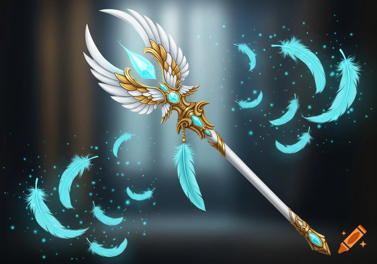 Elegant white and gold fantasy wand with wing-shaped blades, cyan gems, and floating glowing cyan feathers.