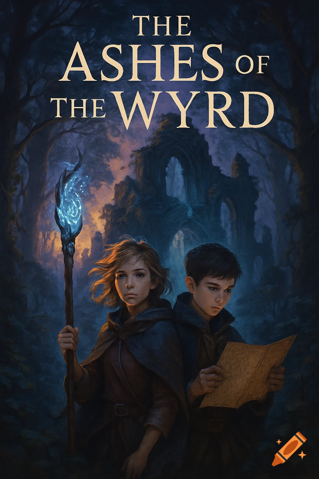 A YA fantasy book cover depicting a young girl with a glowing staff and a boy with a map in a dark, magical forest with castle ruins.