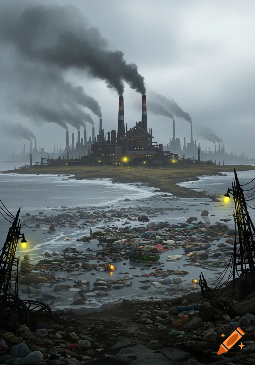 A detailed, dark illustration of a sprawling industrial complex with multiple smoking chimneys, overlooking a trash-filled body of water under a gloomy sky.