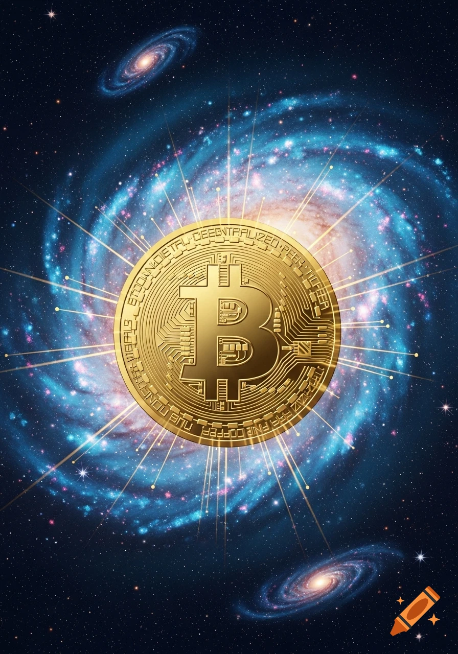 A glowing golden Bitcoin coin with circuit patterns against a vibrant blue and purple galaxy background with other galaxies.