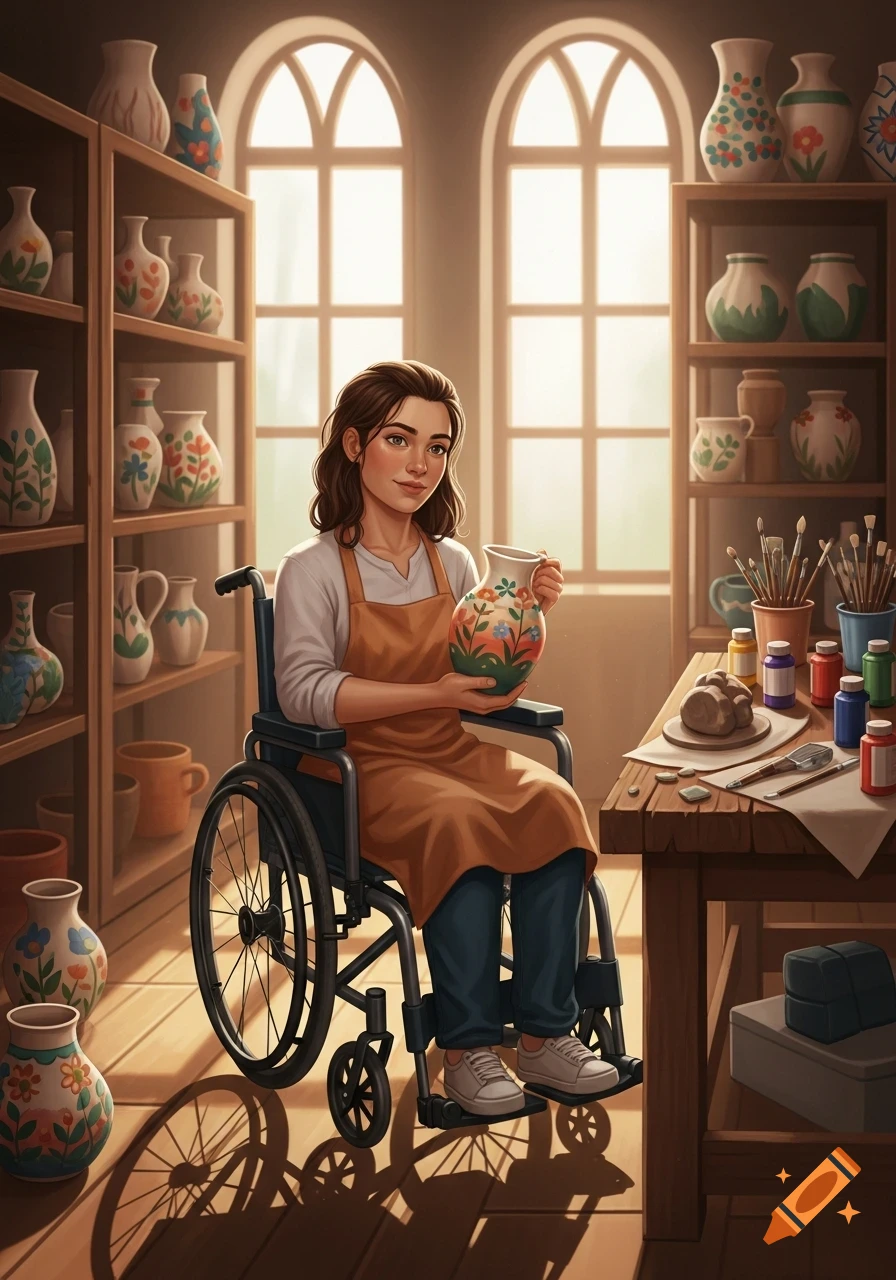 A woman in a wheelchair holds a decorated ceramic pot in a sunlit pottery studio, surrounded by shelves of pottery.