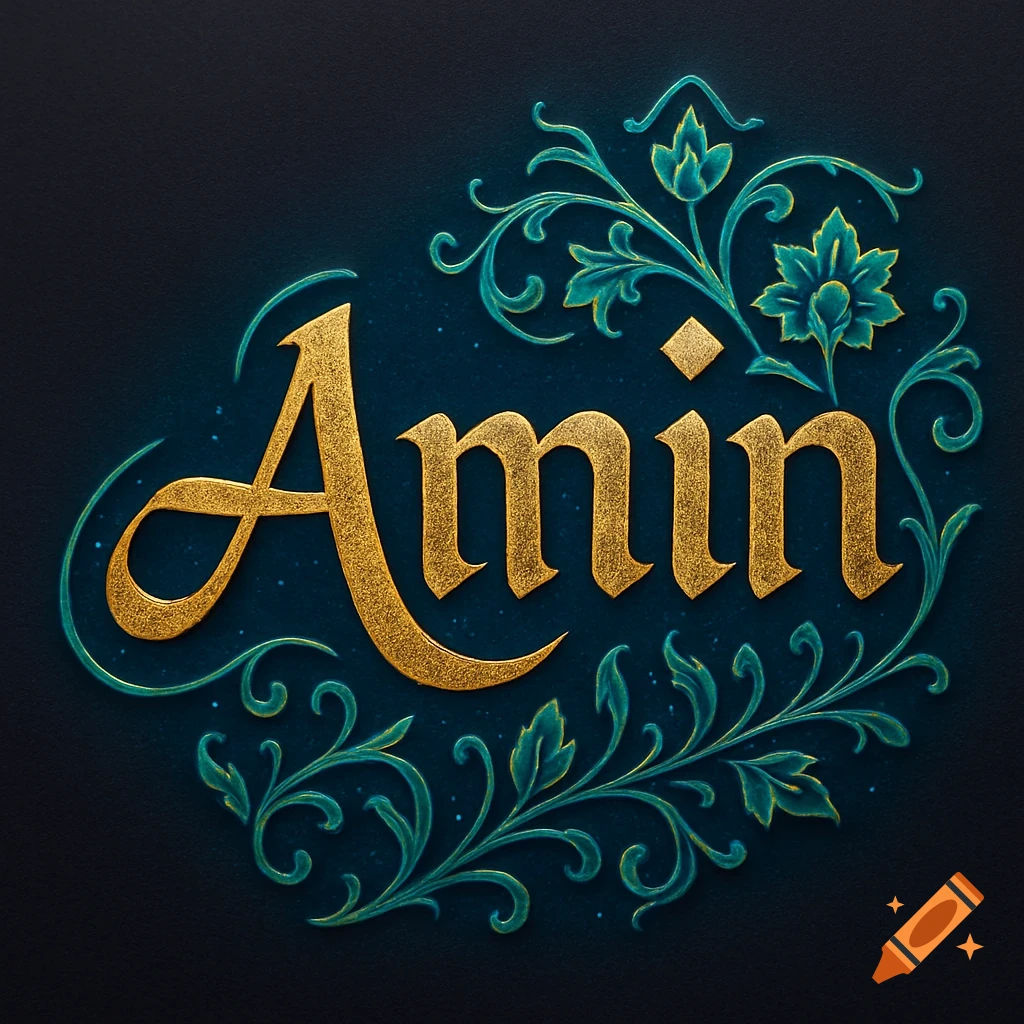 Golden, ornate calligraphic text 'Amin' surrounded by teal floral designs on a dark blue background.