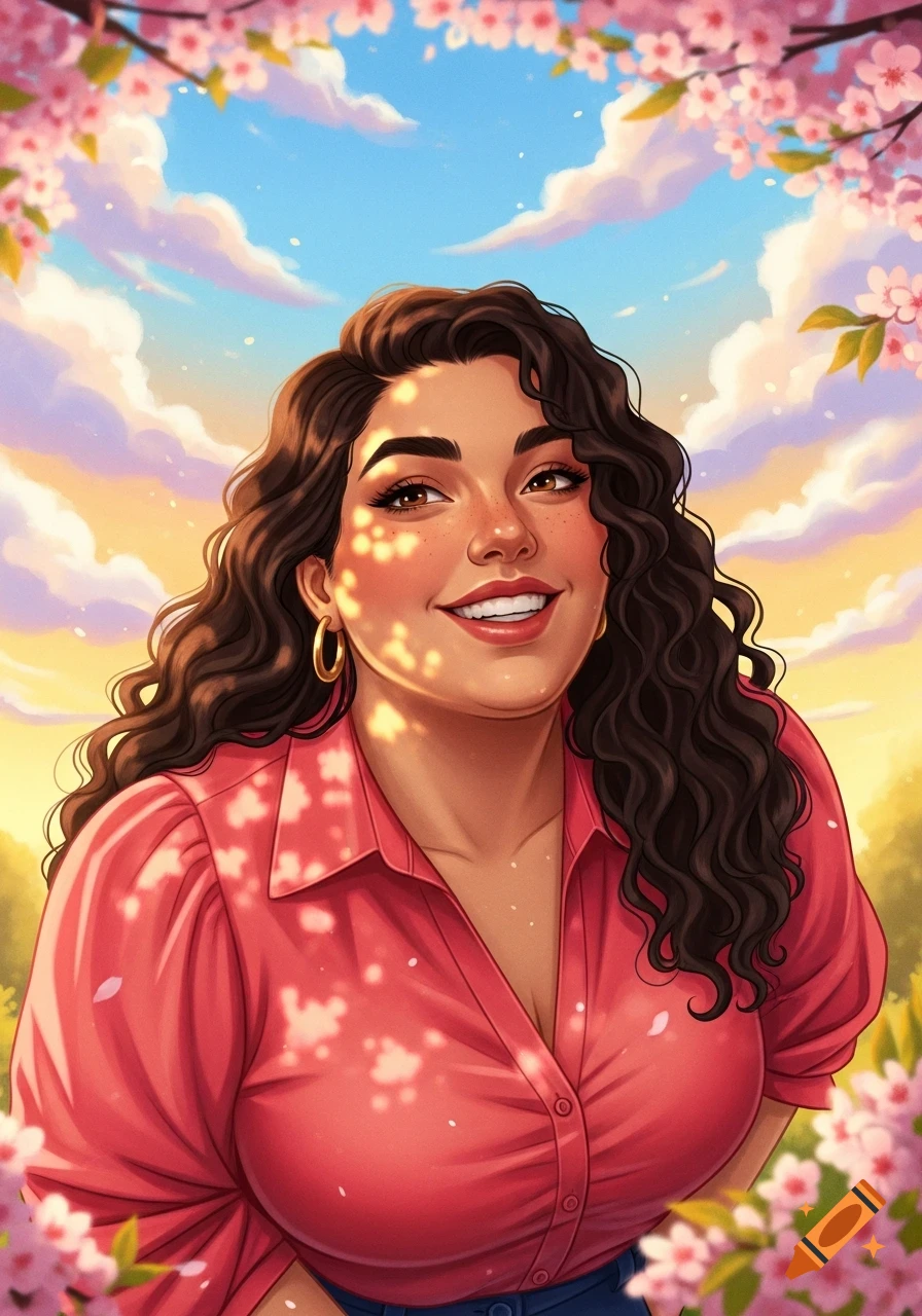 Smiling woman with long dark curly hair in a pink shirt, framed by pink cherry blossoms under a cloudy sky, digital illustration.