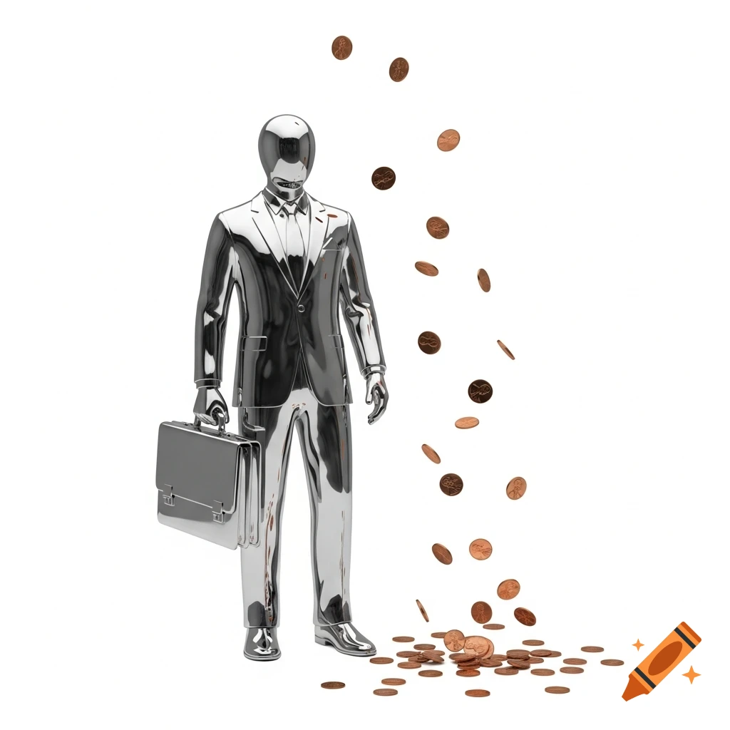 A chrome mannequin in a tuxedo holds a briefcase as copper pennies fall around it onto a white background.
