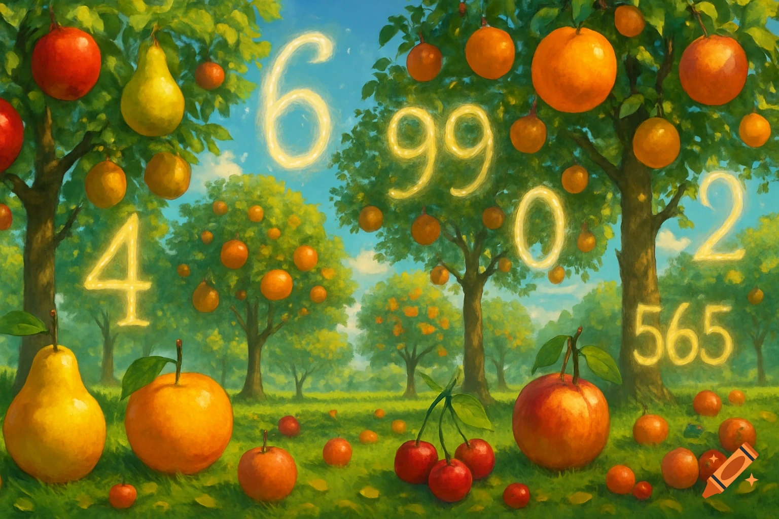 A vibrant painting of an orchard filled with apples, pears, oranges, and cherries, with glowing numbers 4, 6, 99, 0, 2, 565 floating among the trees.