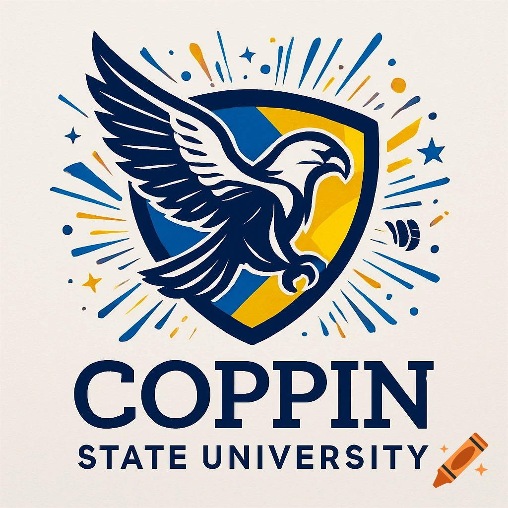 Coppin State University logo featuring a dark blue and yellow shield with an eagle, stars, and rays, above the university name.
