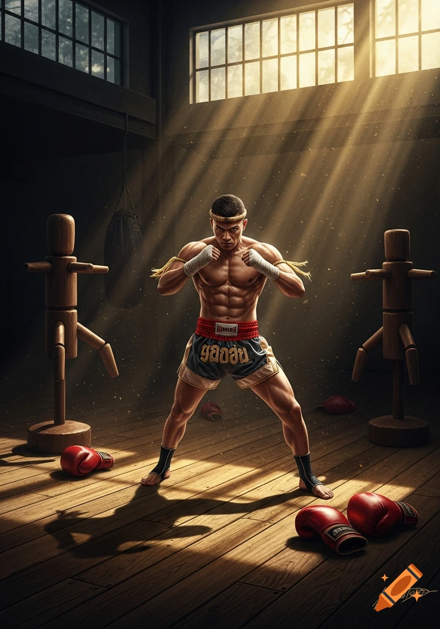 A muscular Muay Thai fighter in traditional shorts and hand wraps stands in a sunlit training room with wooden mannequins and boxing gloves.