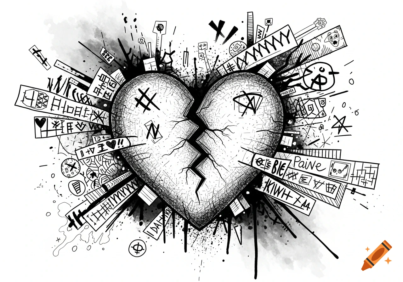 A black and white sketch of a broken heart, surrounded by chaotic scribbles, lines, and illegible text, in a 90s zine art style.