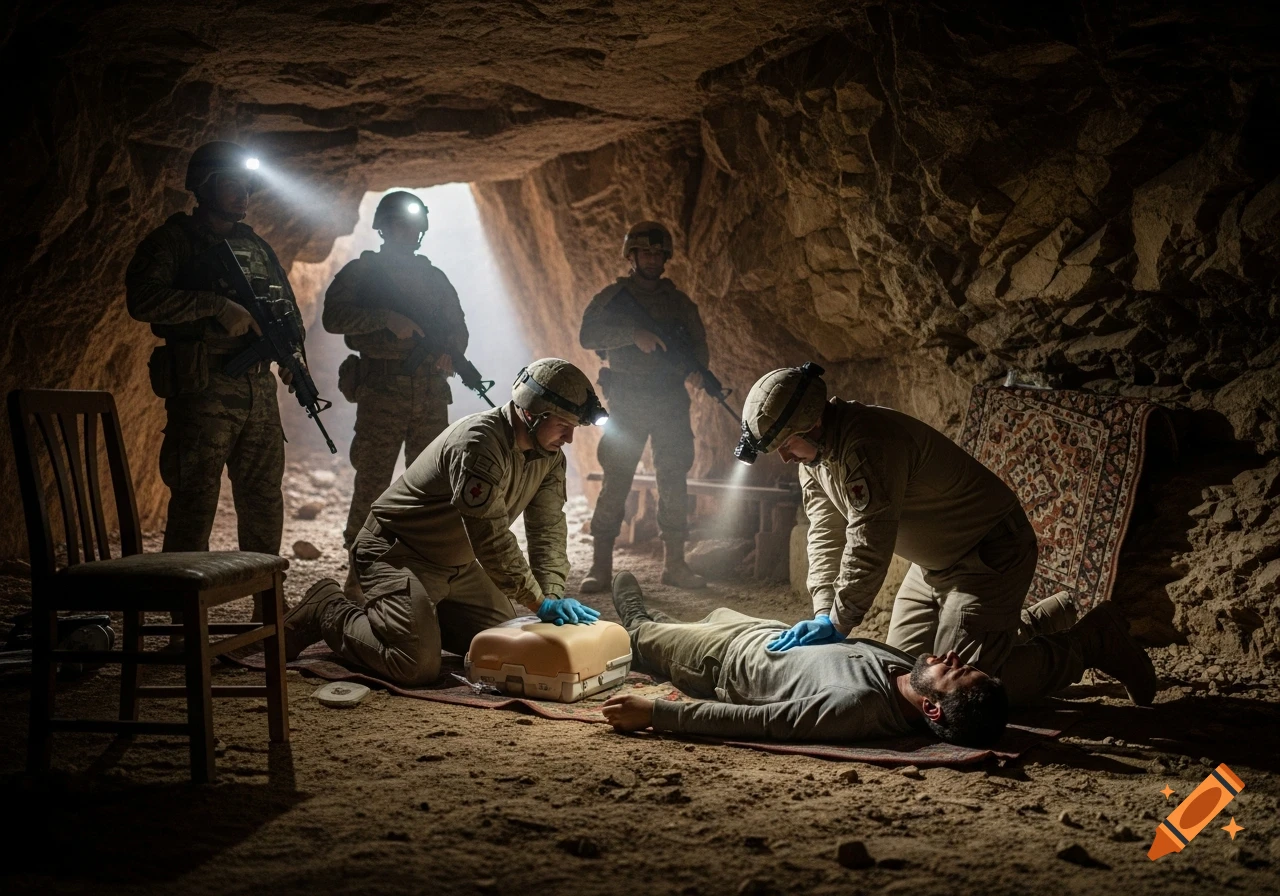 Ultra-realistic scene of soldiers and medics performing CPR on a patient inside a dimly lit cave, illuminated by headlamps.