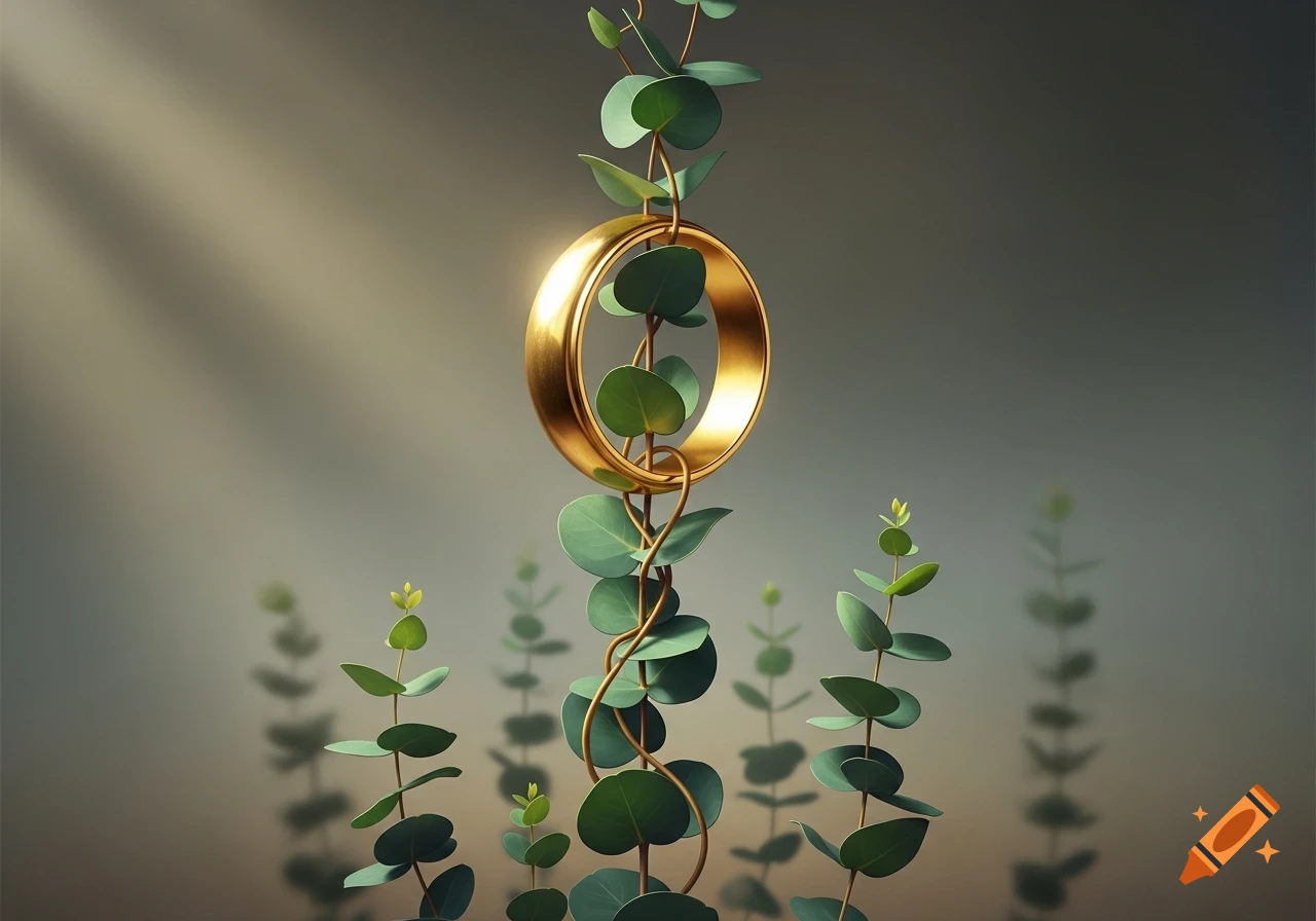 A golden ring entwined with a vibrant green eucalyptus vine, set against a softly lit background with blurred plants.