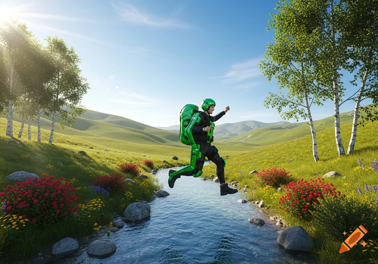 Photorealistic image of a person in a green exoskeleton suit leaping over a creek in a sunny, gentle green landscape.