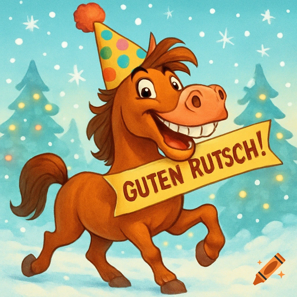 A cheerful cartoon brown horse wearing a polka-dot party hat holds a yellow banner with "GUTEN RUTSCH!" in a snowy landscape with fir trees.