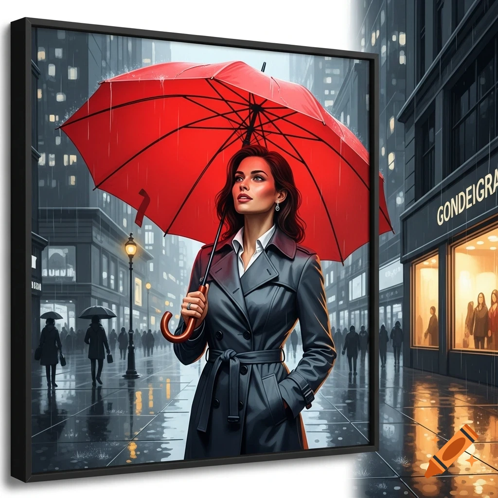 A stylized painting of a woman in a trench coat holding a bright red umbrella on a rainy city street.