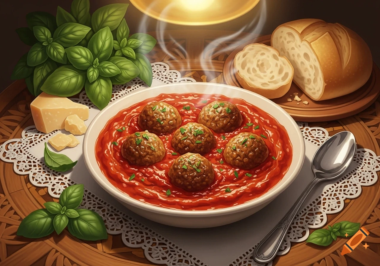 A steaming bowl of meatballs in rich red tomato sauce, garnished with basil, with Parmesan cheese, bread, and a spoon on a wooden table.