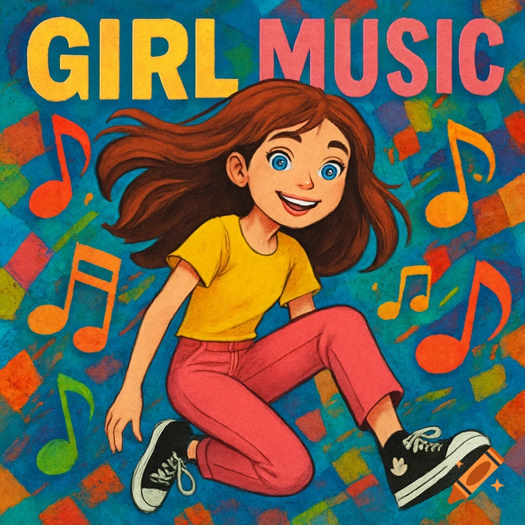 A cartoon girl with brown hair, blue eyes, yellow shirt, and pink pants kneels on a blue background with colorful musical notes and text "GIRL MUSIC".