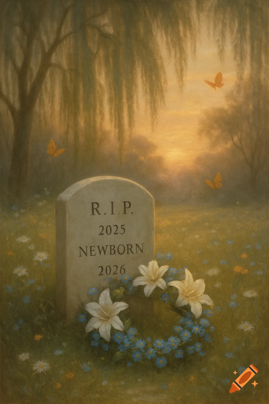 Painterly image of a tombstone reading 'R.I.P. 2025 Newborn 2026' in a field of flowers under a willow tree at sunset.