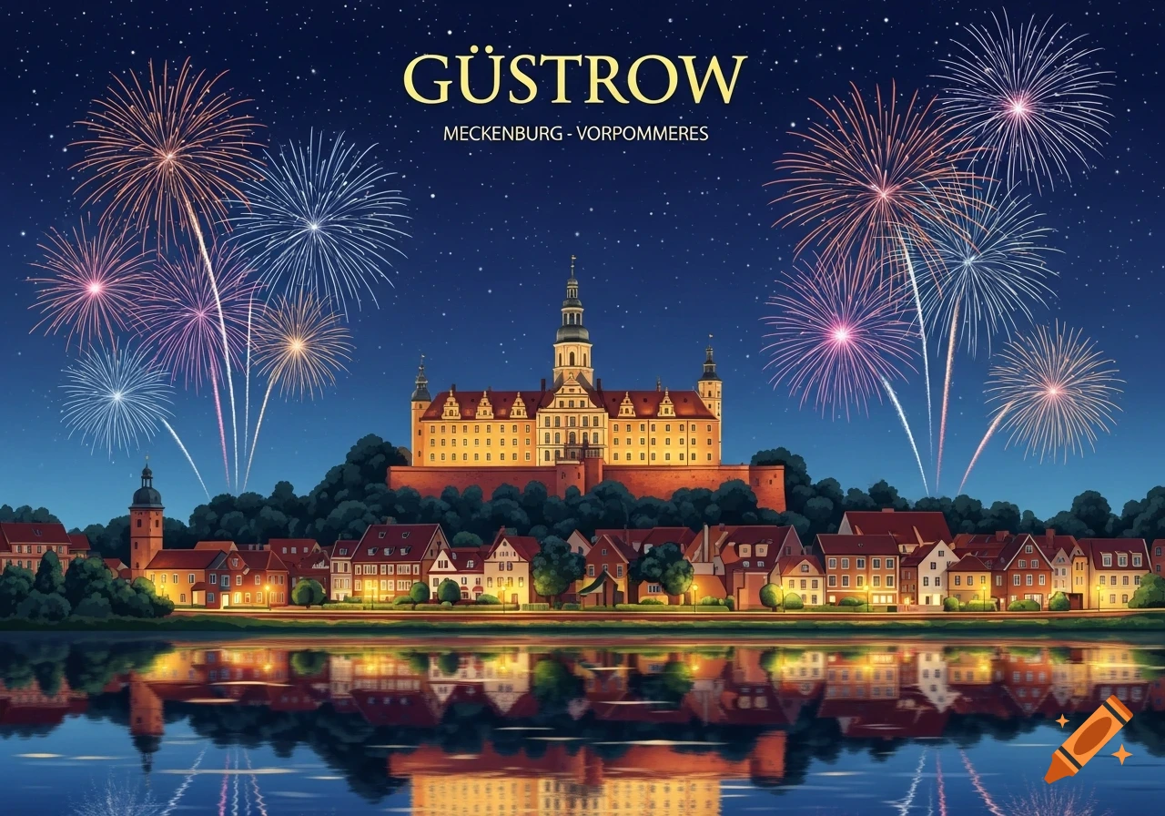 An illustrative night scene of Güstrow castle and town reflected in water, with colorful fireworks exploding in the starry sky.