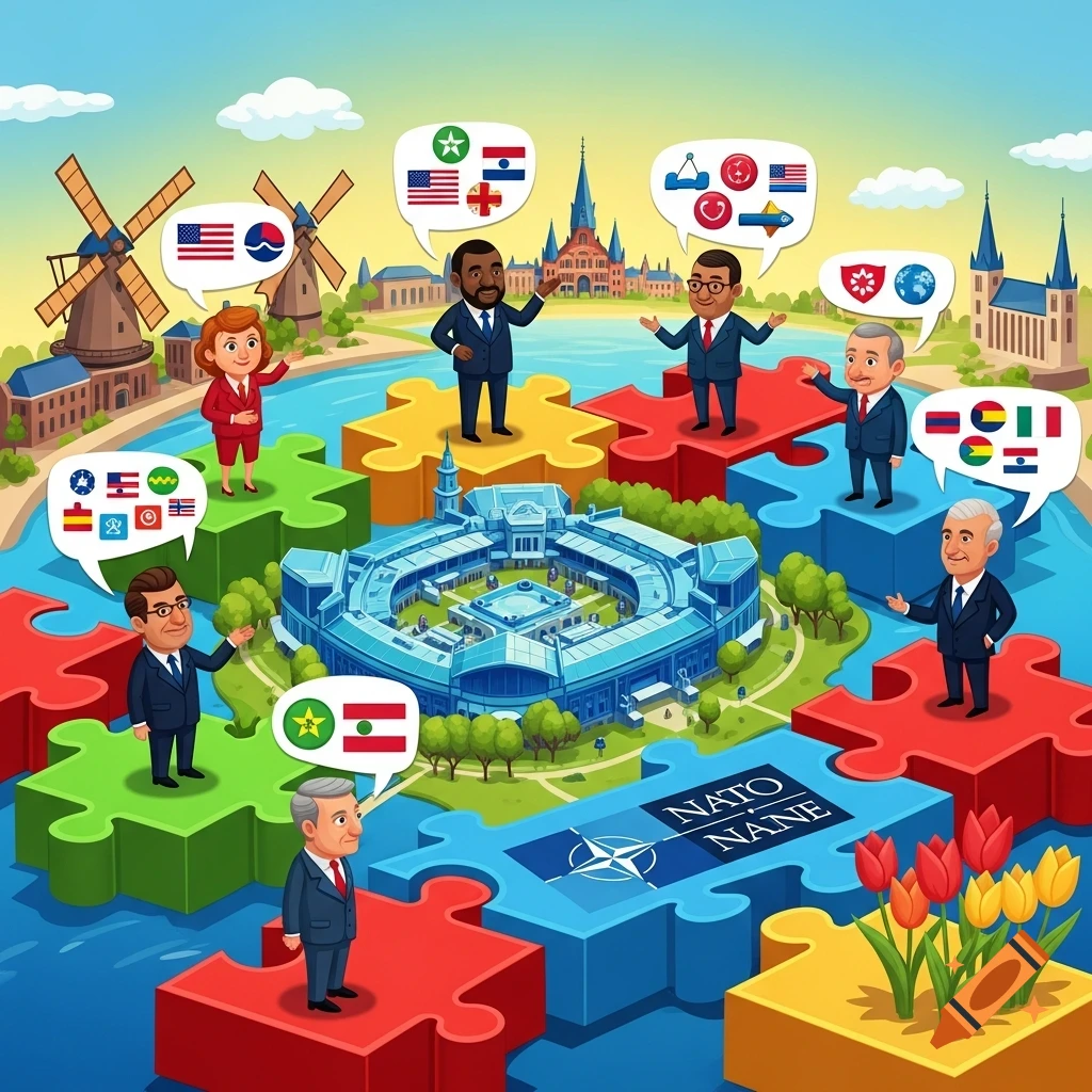 Cartoon illustration of world leaders representing different countries standing on colorful puzzle pieces surrounding a large building, with flags in speech bubbles. A blue puzzle piece prominently features 'NATO'.