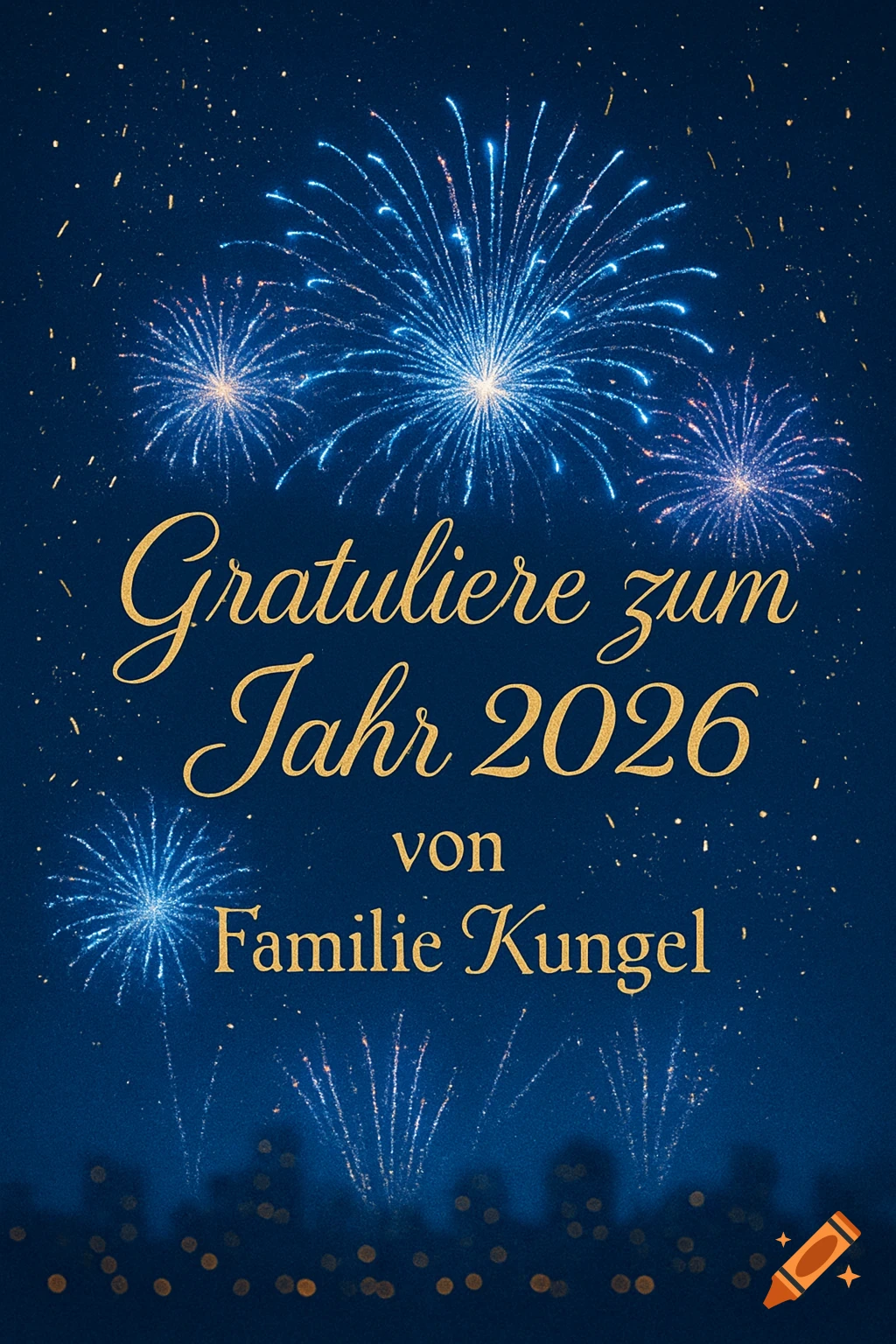 Bright blue fireworks light up a dark blue sky above a city skyline, with golden text that reads "Gratuliere zum Jahr 2026 von Familie Kungel".