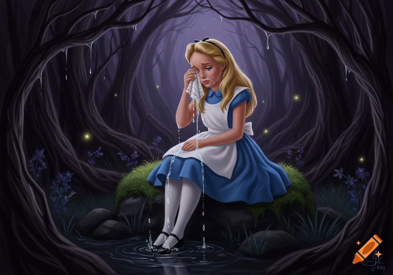 Alice in Wonderland sits in a dark, magical forest, crying into a white handkerchief as tears form puddles at her feet.