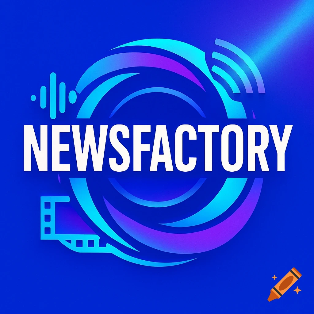A logo for NEWSFACTORY with white text, set within a swirling blue and purple circle resembling a camera lens aperture, against a bright blue background. Audio and film strip icons are integrated.