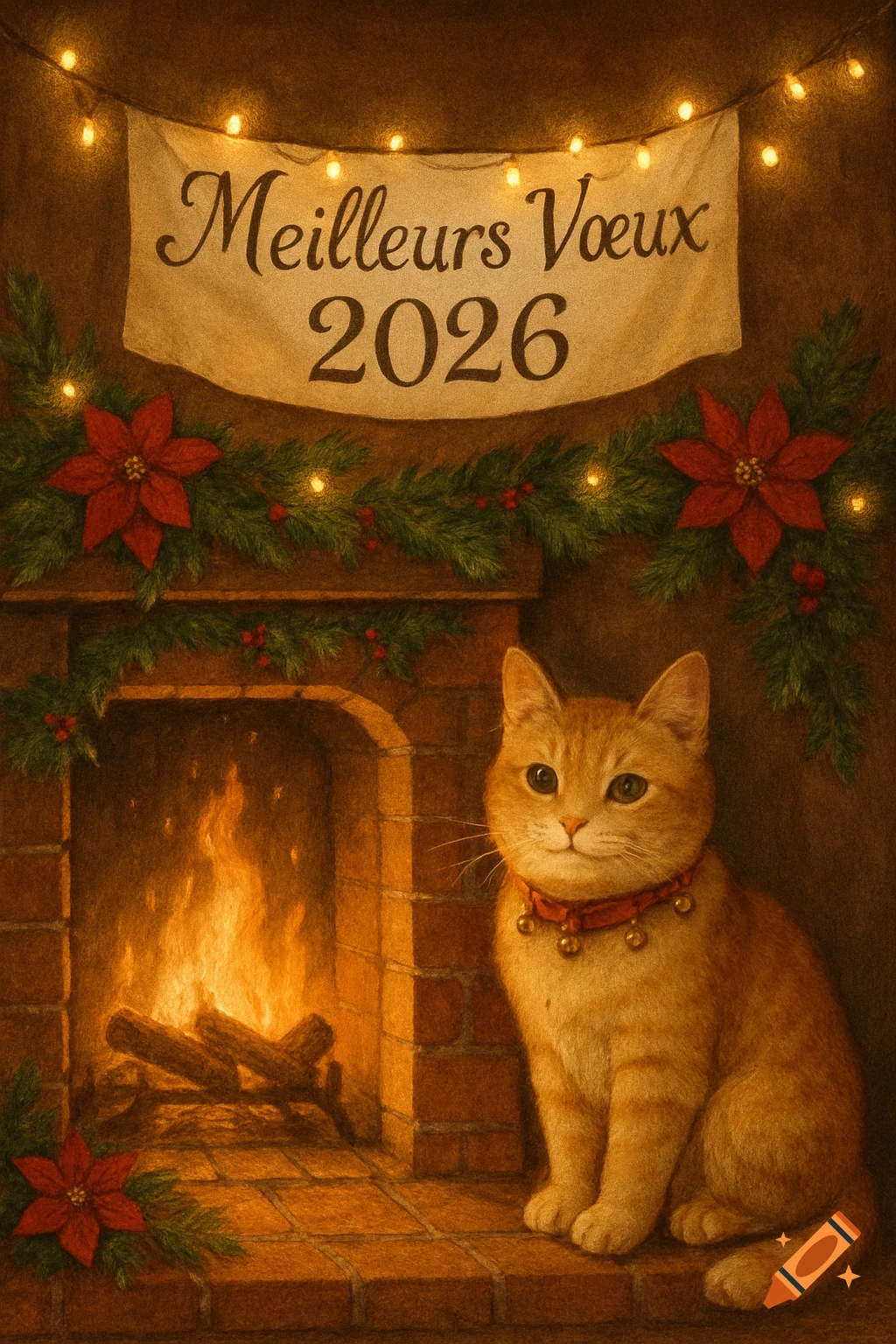An orange cat sits by a cozy fireplace decorated with garland, lights, and a banner reading "Meilleurs Voeux 2026".