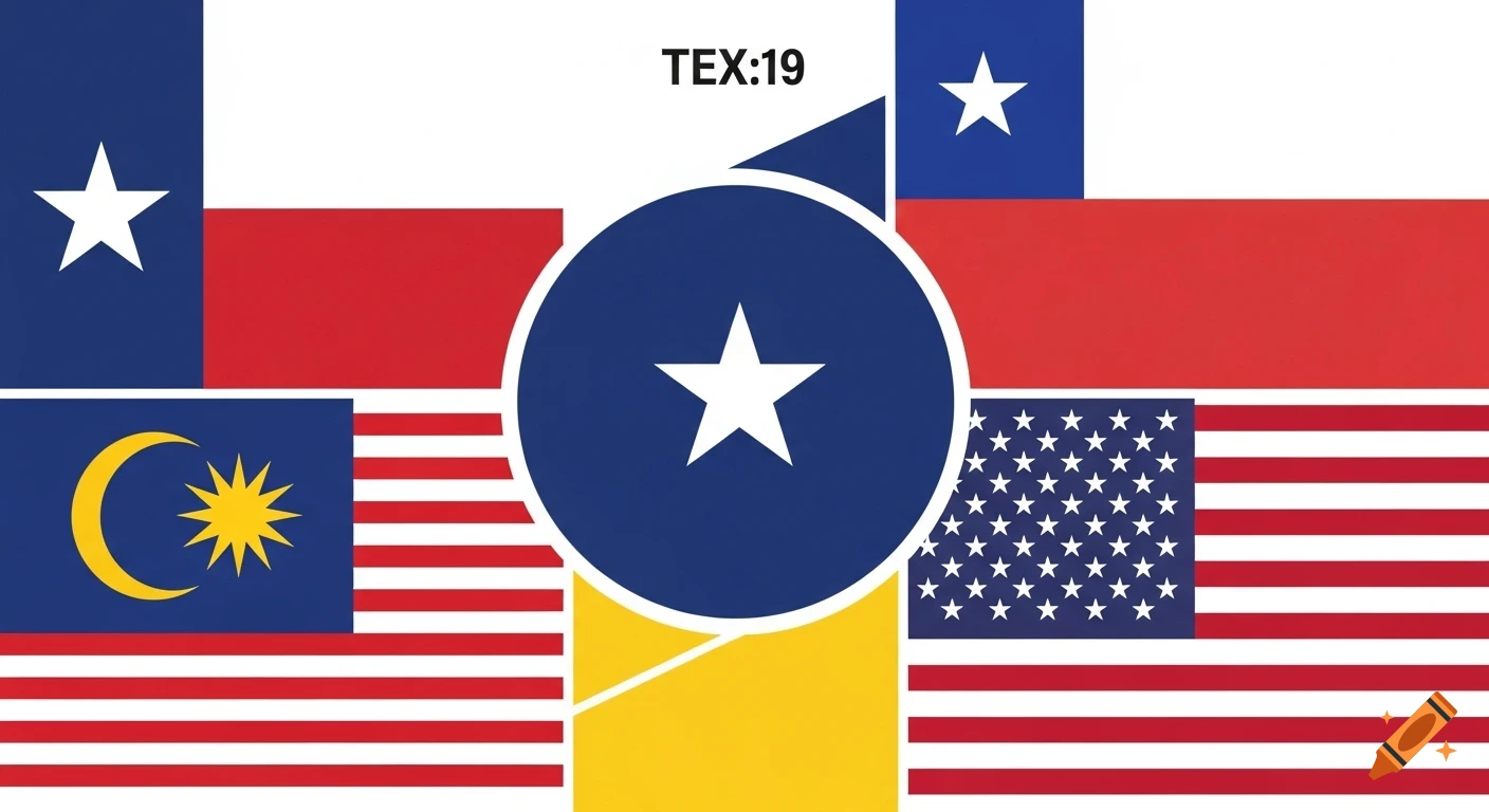 A collage of split flags: Texas, Malaysia, Chile, and USA, with a central blue circle and a white star, and 'TEX:19' text.