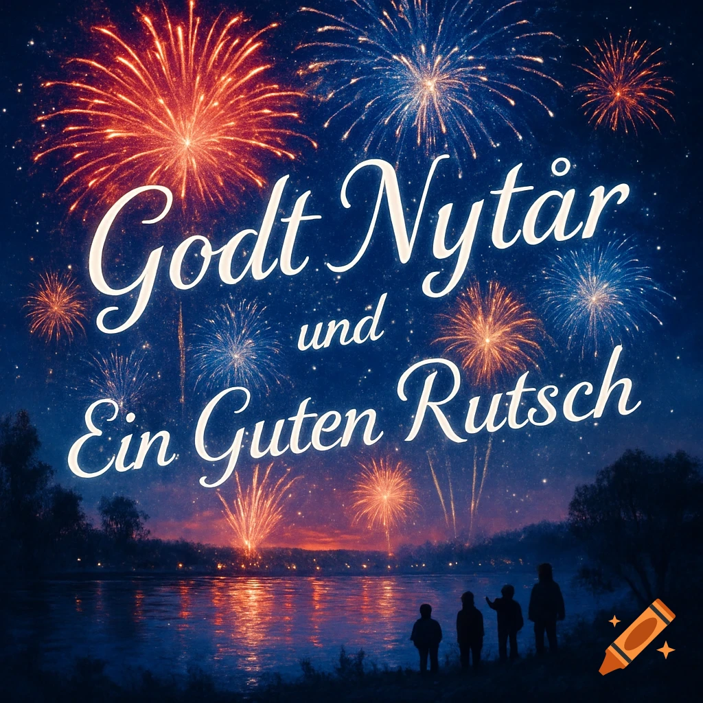 Vibrant fireworks explode over a lake at night, reflecting in the water, as silhouettes of people watch. Text reads "Godt Nytår und Ein Guten Rutsch".