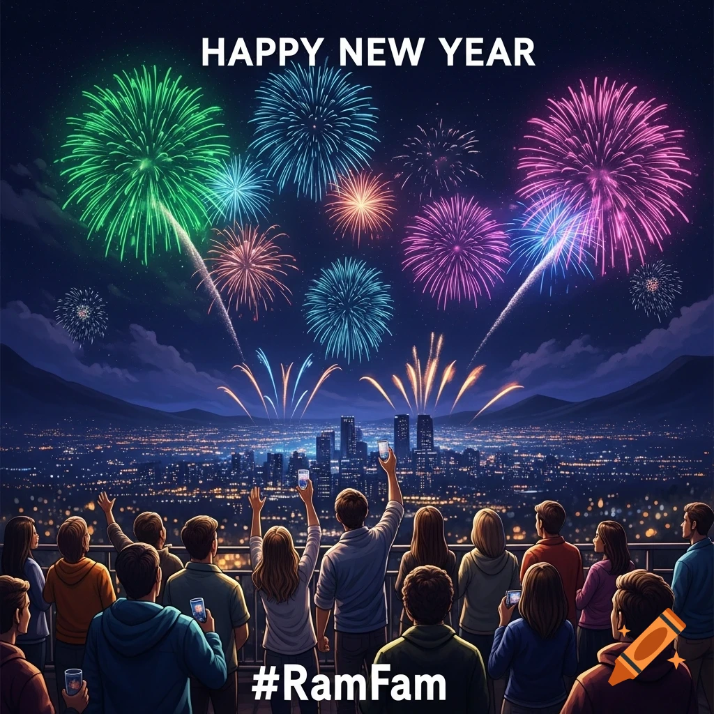 People watch colorful fireworks explode over a city skyline at night, with text 'HAPPY NEW YEAR #RamFam'.