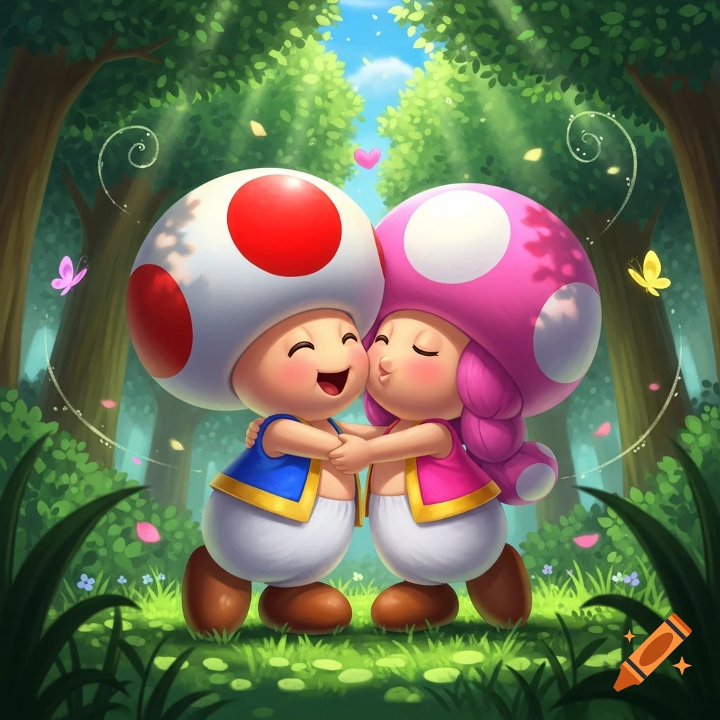 Cartoon Toad and Toadette from Mario hugging and kissing in a vibrant, sunny forest.