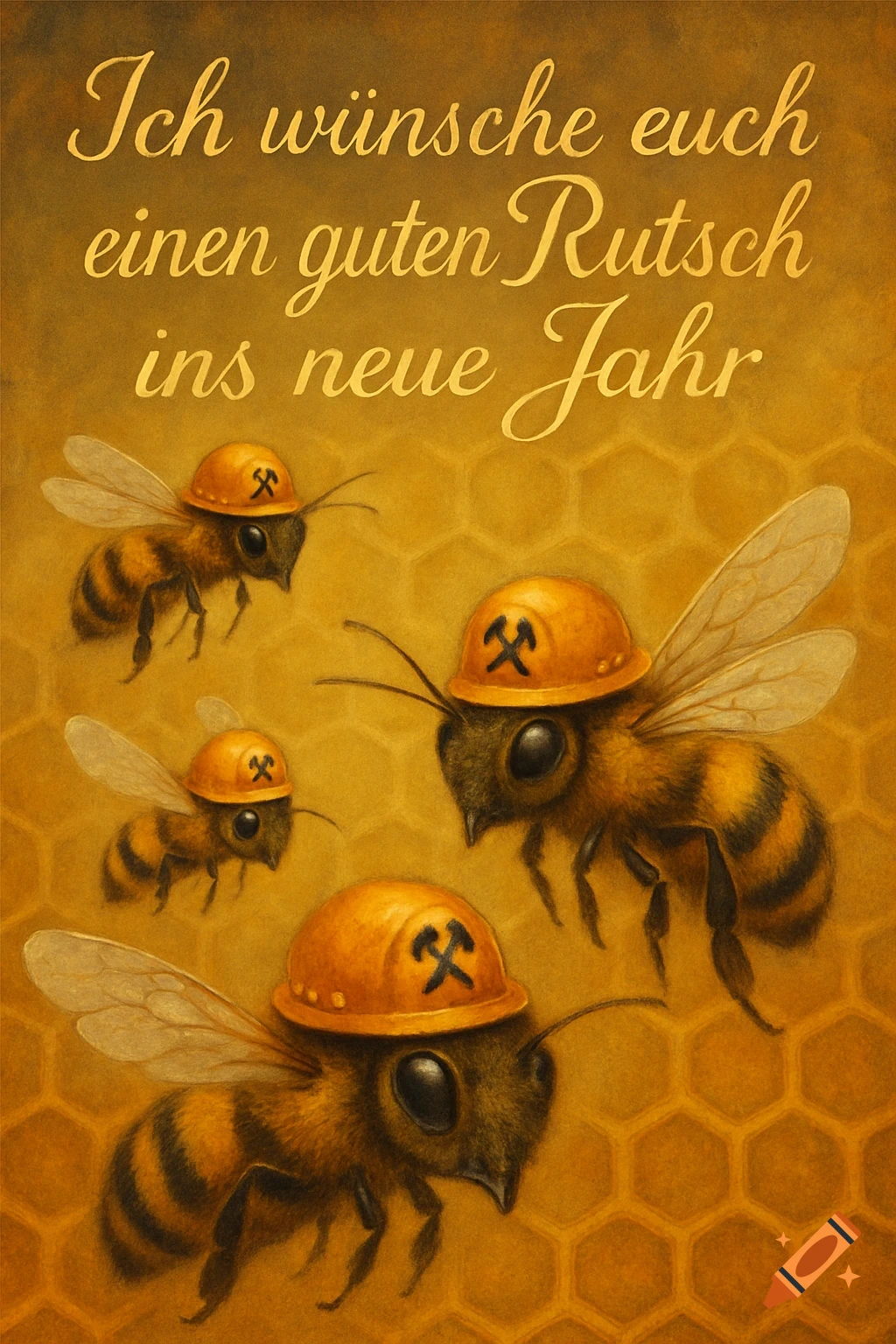 Illustration of furry bees in orange hard hats with mining symbols on a honeycomb background. Text: 'Ich wünsche euch einen guten Rutsch ins neue Jahr'.