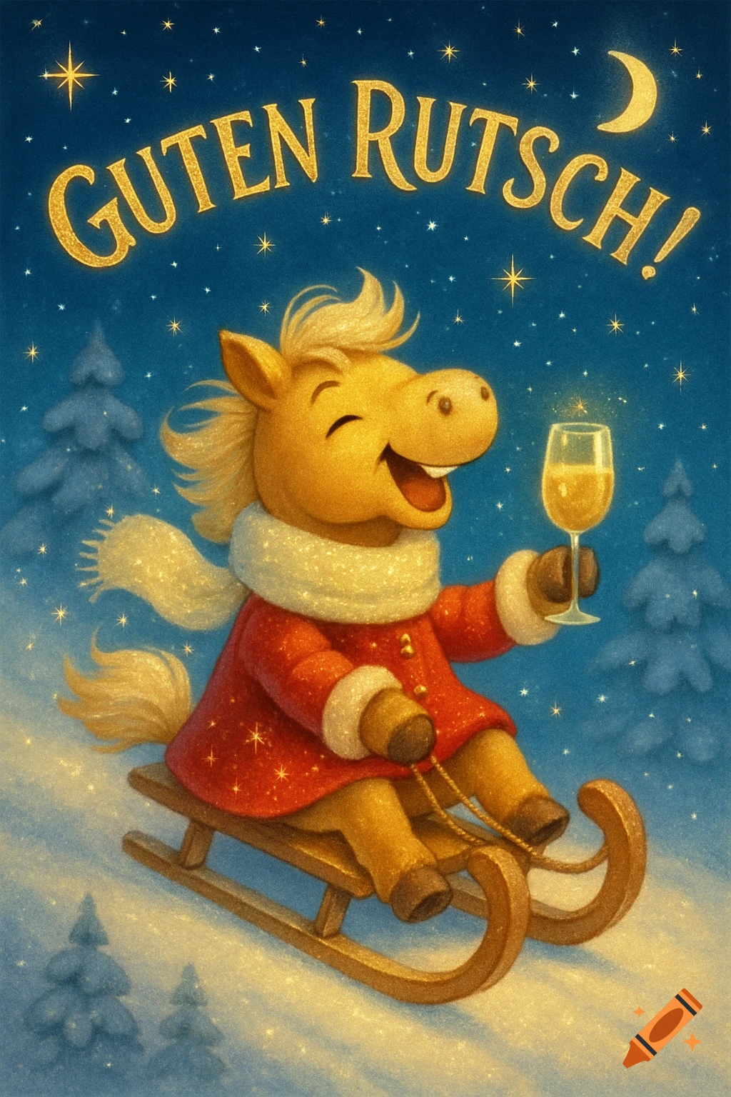 A cute golden cartoon horse in a red coat and scarf joyfully sleds, holding champagne, under a starry night sky. Text: Guten Rutsch!
