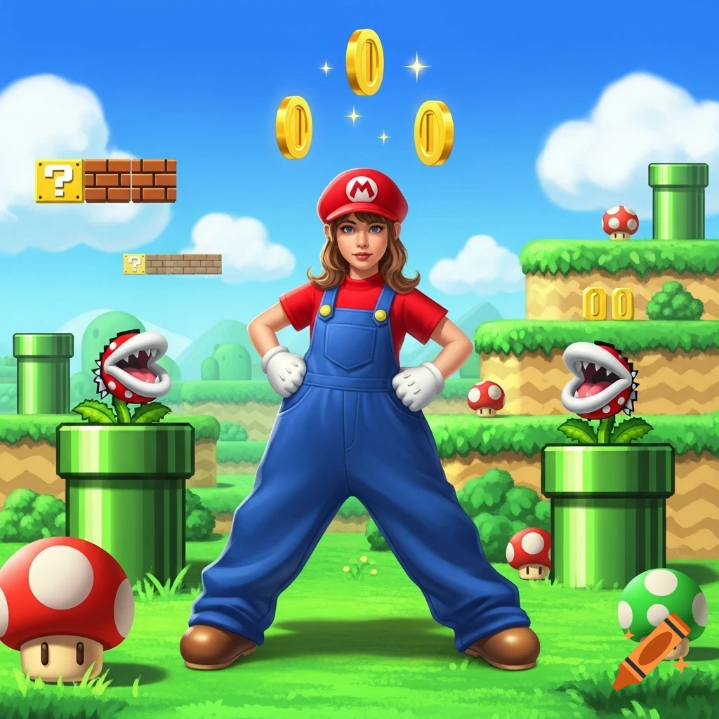 A girl in a Mario costume stands in a colorful Super Mario Bros. landscape with blocks, coins, mushrooms, and piranha plants.