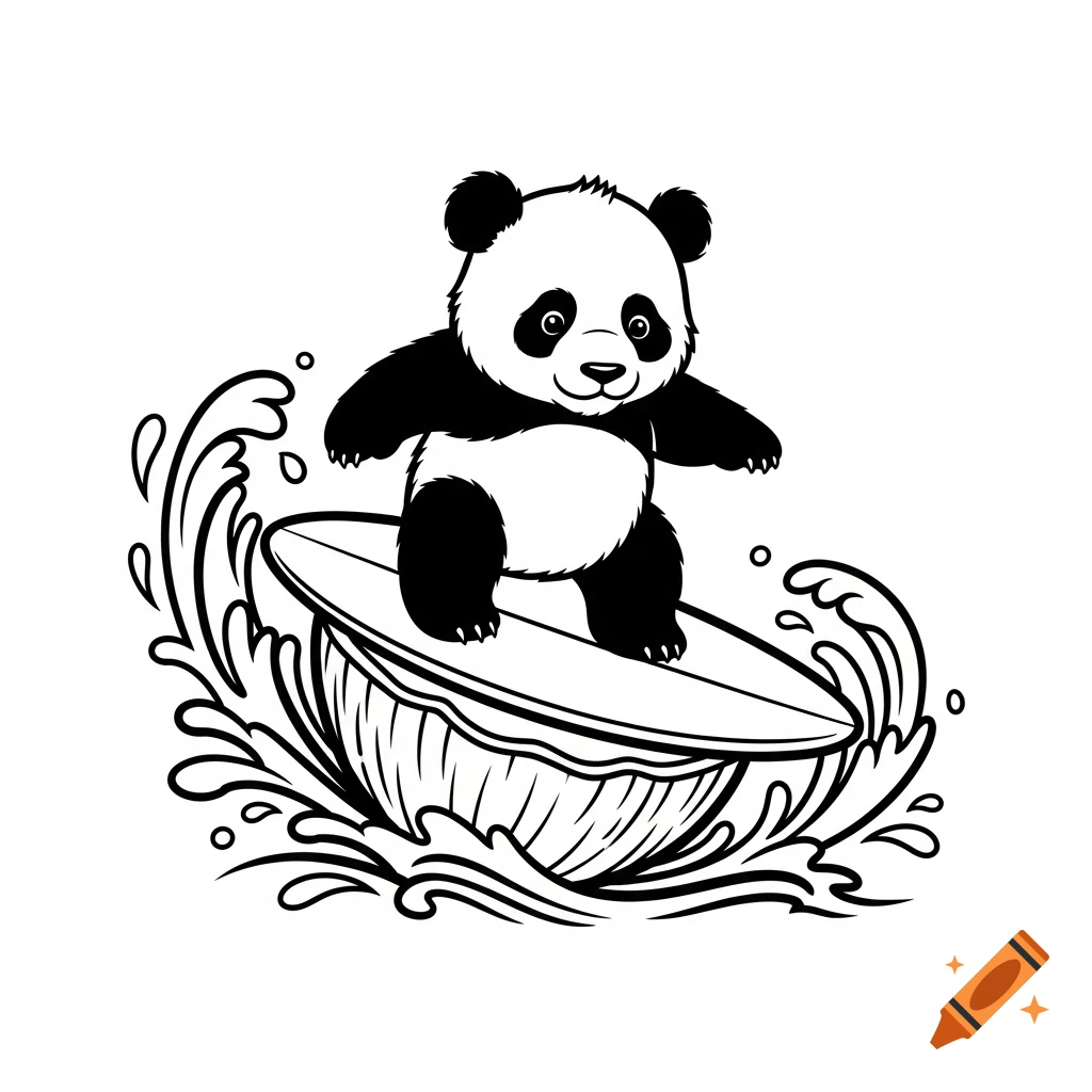 A black and white line art illustration of a cute baby panda surfing on a coconut shell amidst waves.